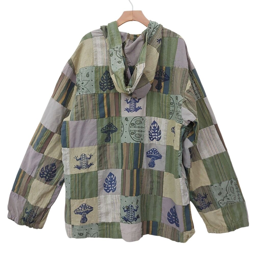 Lakhays Patchwork Hoodie Mens XL Green Mushroom Frog Cotton Festival Hippie Boho - Picture 5 of 11
